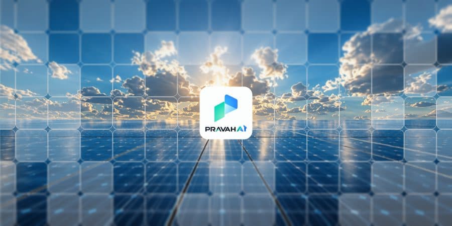 PRAVAH AI brand mark on a solar panel backdrop