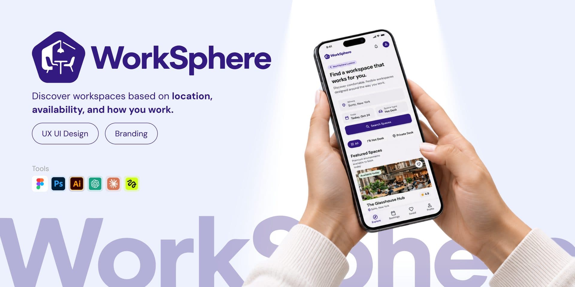 WorkSphere cover collage showing app screens, logo and workspace photography