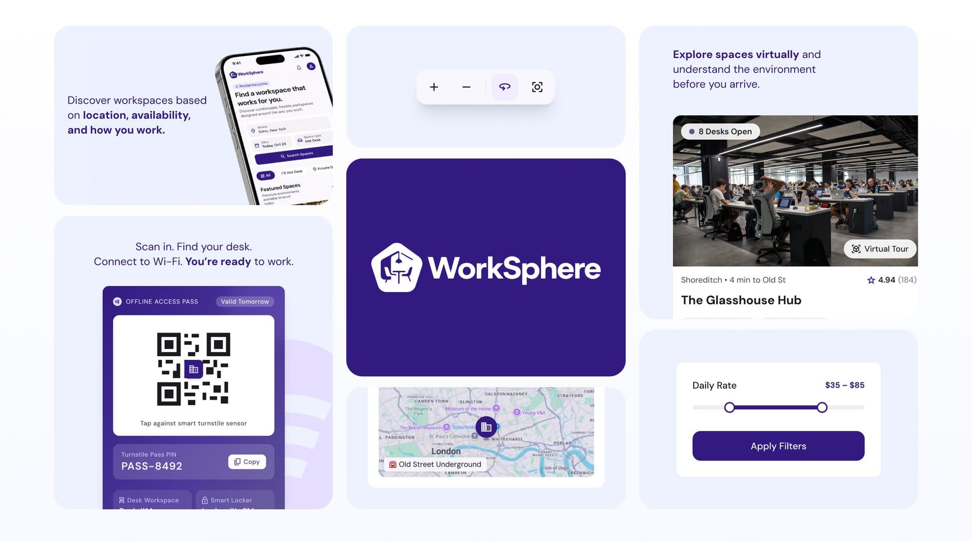WorkSphere closing summary slide with booking flow and atmosphere details