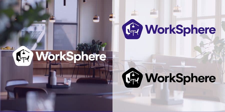 WorkSphere pentagon chair-icon logo in light, dark and reversed variants