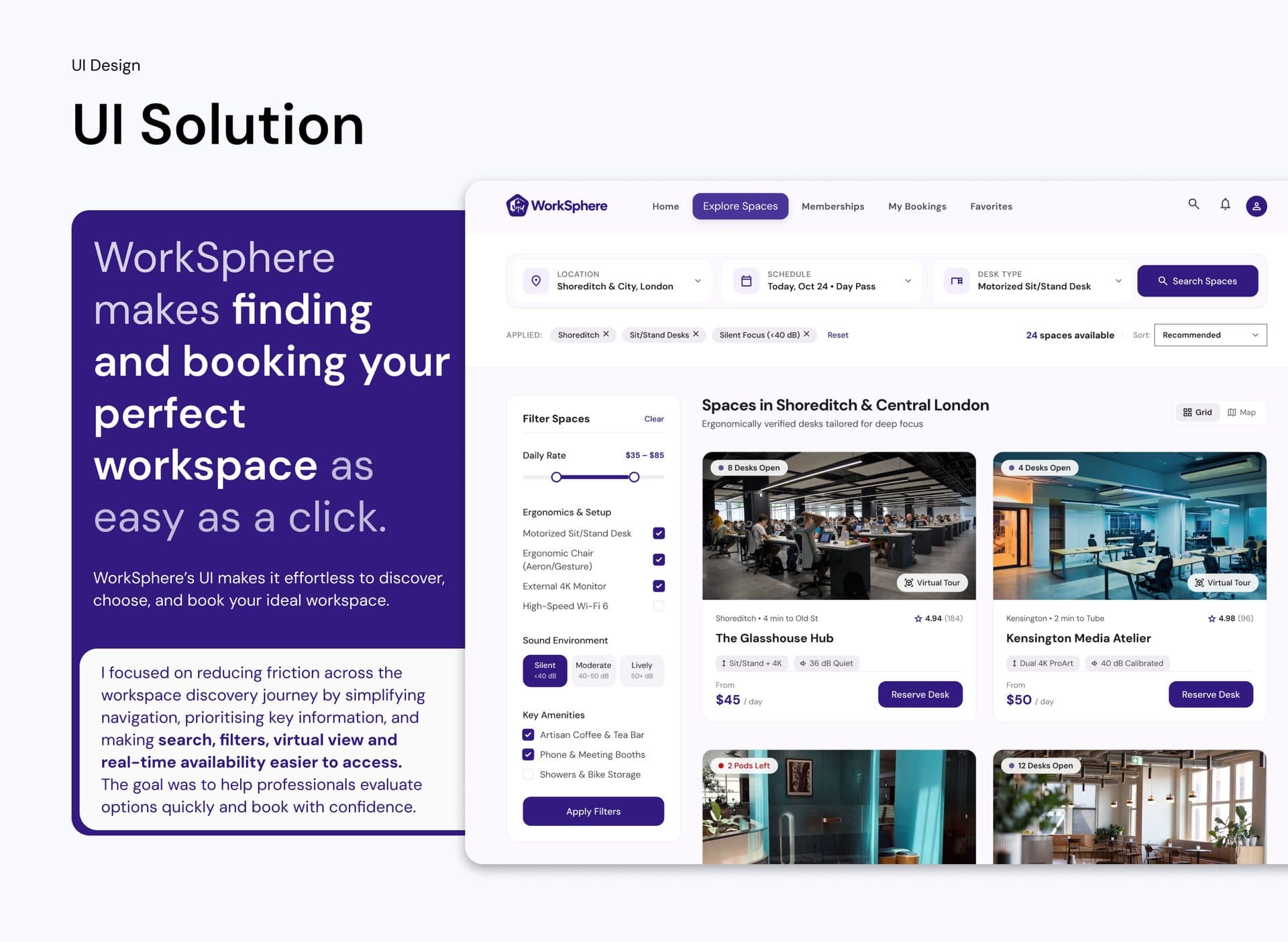 UI solution screen: Explore Spaces search and filter flow with results grid